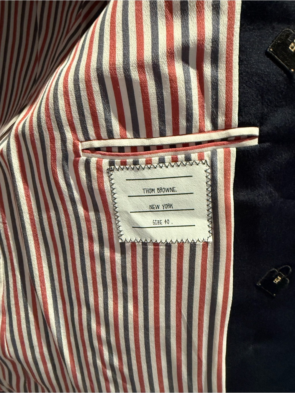 THOM BROWNE Navy Embroidered Double-Breasted Blazer with Gold Buttons - Picture 10 of 10